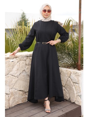 İmaj Butik Siyah Kol Lastikli Kemerli Parçalı Dabıl Elbise