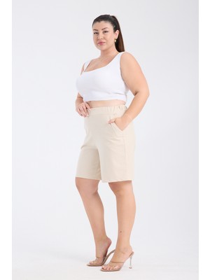 Gül Moda Bej Büyük Beden Kumaş Şort G122-3