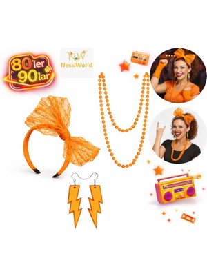 NW NessiWorld 80’ler 90’lar Neon Turuncu Parti Seti – Kolye Küpe Taç