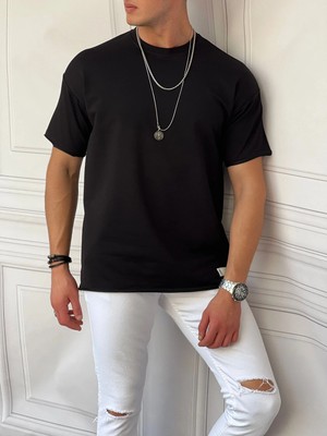 Modefendicom Pamuk Likra Yırtmaç Detaylı 2 Iplik Oversize Tshirt