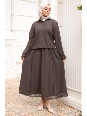 İmaj Butik Kahverengi Düğmeli Kolu Dantelli Gömlek Etekli Takım