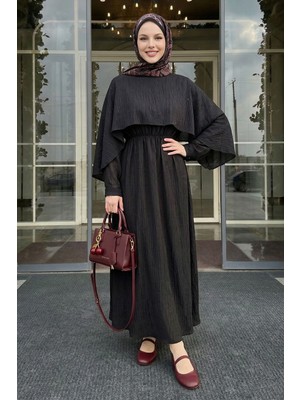 inStyle Şal Yaka Beli Büzgülü Siyah Elbise