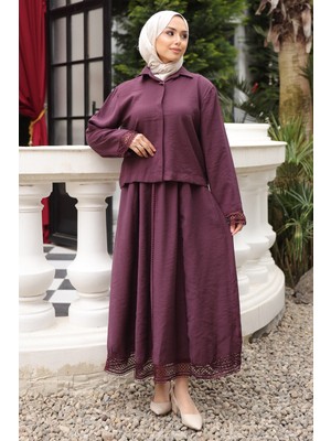 İmaj Butik Mürdüm Düğmeli Kolu Dantelli Gömlek Etekli Takım