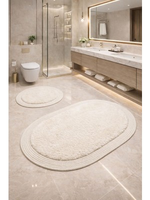 PremiumPort Peluş Banyo Paspası Seti, Kaymaz Taban, Jüt Kenar, Oval ve Yuvarlak 2’li