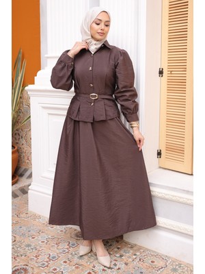 İmaj Butik Kahverengi Kemerli Düğmeli Gömlek Etekli Takım