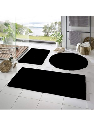 PremiumPort 3'lü Banyo Paspası Seti, Siyah, Peluş, Klozet Takımı, 60X100/40/60 cm