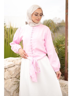 İmaj Butik Pembe Kol Lastikli Bel Bağlamalı Gömlek