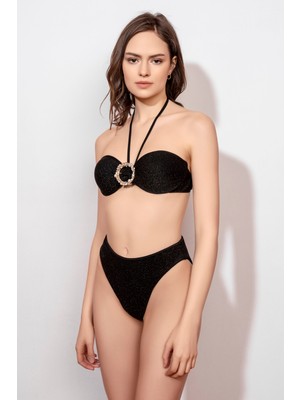 Lovekini Luna Black High Waist Bikini With Rose Gold Crystal Pearl Embellished Buckle