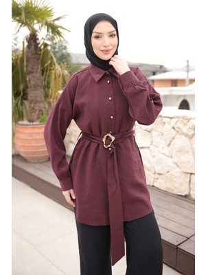 İmaj Butik Mürdüm Düğmeli Kuşaklı Tunik