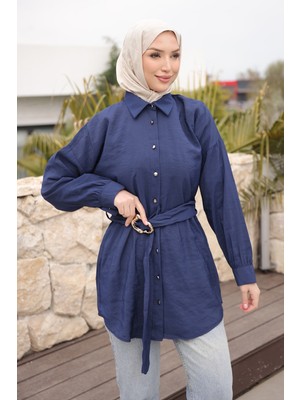İmaj Butik Lacivert Düğmeli Kuşaklı Tunik