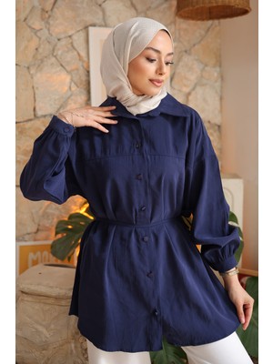 İmaj Butik Lacivert Biye Detaylı Ip Bağlamalı Modal Dokuma Gömlek