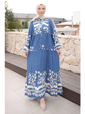 İmaj Butik Mavi Yarım Düğmeli Kol Lastikli Viskon Elbise