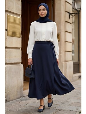İmaj Butik Lacivert Yan Bağlama Detaylı Dabıl Etek