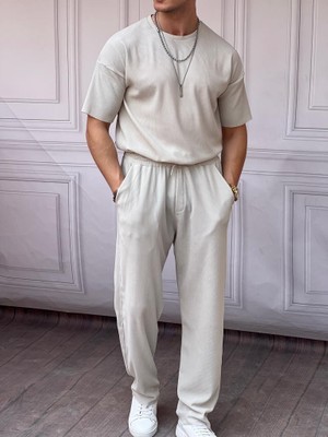 Modefendicom Ince Fitil Desenli Oversize Kalıp Tshirt\'lü Alt Üst Takım