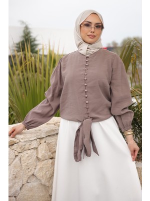 İmaj Butik Vizon Kol Lastikli Bel Bağlamalı Gömlek
