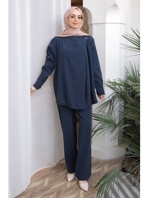 İmaj Butik Lacivert Yaka Detaylı Tunik Pantolonlu Modal Takım
