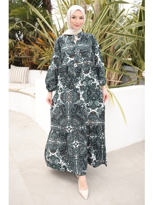 İmaj Butik Zümrüt Yeşili Yarım Düğmeli Kol Lastikli Viskon Elbise