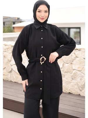 İmaj Butik Siyah Düğmeli Kuşaklı Tunik