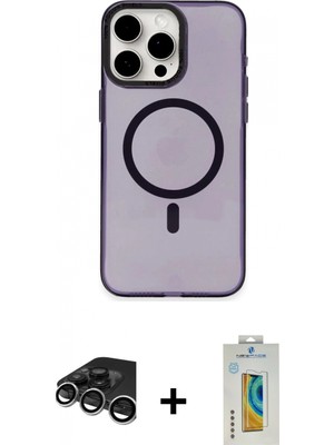 Marsilyan™- iPhone 15 Pro Kılıf Eksen Işık Prime - Siyah Polymer Nano Ekran Koruyucu + Gümüş Raze Metal Kamera Lens