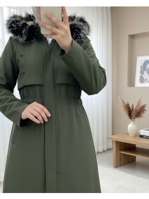 Moda Morfo Metal Yıldız Detaylı Kapşonlu Uzun Kaban -Haki