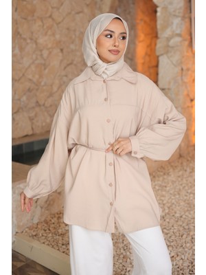 İmaj Butik Bej Biye Detaylı Ip Bağlamalı Modal Dokuma Gömlek
