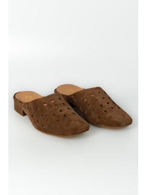 E.R.S Air Comfort Taba Süet Hakiki Deri Delikli Kare Burunlu Sabo Terlik