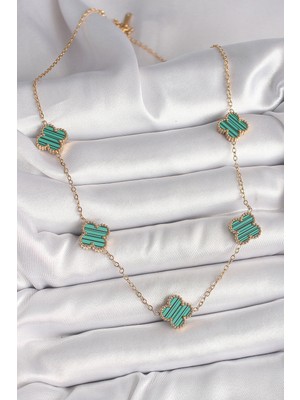 Ronanna 316L Çelik Gold Renk Zincir Yeşil Yonca Model Kadın Kolye - Lisinya