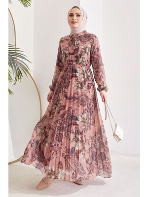 inStyle Serena Çiçek Desen Piliseli Gül Kurusu Şifon Elbise