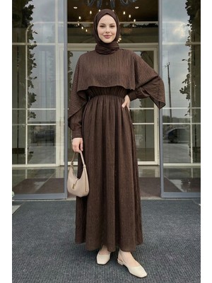 inStyle Şal Yaka Beli Büzgülü Kahverengi Elbise