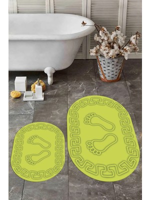 PremiumPort Yıkanabilir Kaymaz Ayak Izi Desenli Oval Banyo Halısı Klozet Takımı