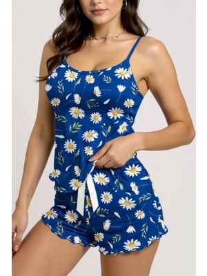 Ronanna Papatya Desenli Mavi Askılı Şortlu Pijama Takımı