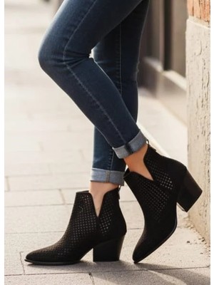 Vess Moda Delikli Transparan Kısa Kalın Topuklu Fermuarlı Şık Western Yazlık Kovboy Bot Ayakkabı Siyah