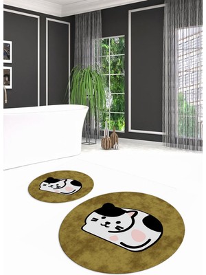 PremiumPort Yıkanabilir Kedi Desenli Yuvarlak Ikili Banyo Takımı, Dijital Baskı, Kahve