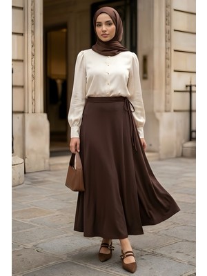 İmaj Butik Kahverengi Yan Bağlama Detaylı Dabıl Etek