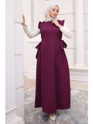 İmaj Butik Mürdüm Bel Kuşaklı Kolları Fırfırlı Elbise