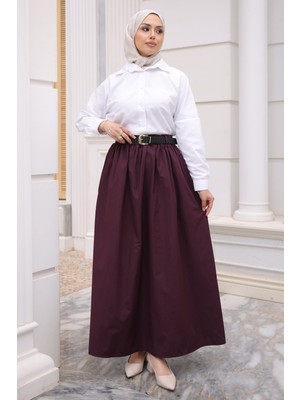 İmaj Butik Mürdüm Kemerli Cepli Poplin Etek