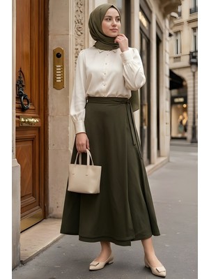 İmaj Butik Haki Yan Bağlama Detaylı Dabıl Etek