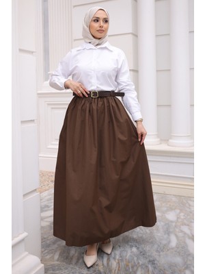 İmaj Butik Kahverengi Kemerli Cepli Poplin Etek