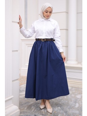 İmaj Butik Lacivert Kemerli Cepli Polin Etek