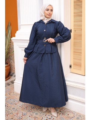 İmaj Butik Lacivert Kemerli Düğmeli Gömlek Etekli Takım