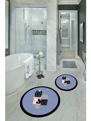 PremiumPort Yıkanabilir, Kaymaz Kaktüs Desenli Yuvarlak Banyo Takımı (Iki Parça)