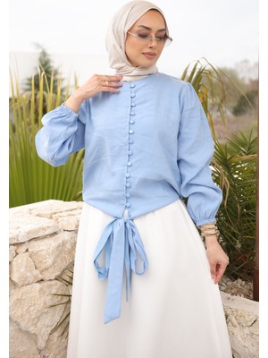 İmaj Butik Bebe Mavi Kol Lastikli Bel Bağlamalı Gömlek