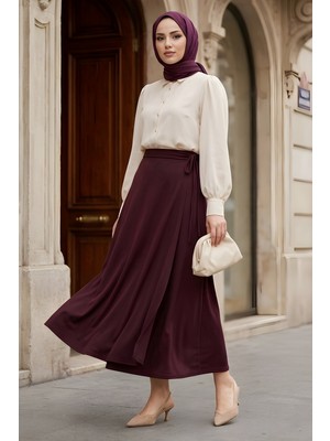 İmaj Butik Mürdüm Yan Bağlama Detaylı Dabıl Etek