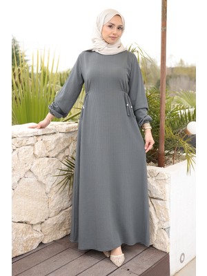 İmaj Butik Füme Bisiklet Yaka Bel ve Kol Lastikli Bürümcük Elbise