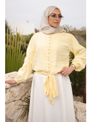 İmaj Butik Sarı Kol Lastikli Bel Bağlamalı Gömlek