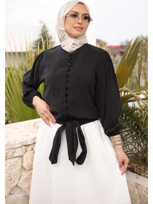 İmaj Butik Siyah Kol Lastikli Bel Bağlamalı Gömlek