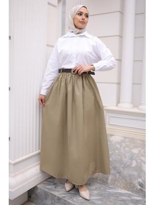 İmaj Butik Haki Kemerli Cepli Poplin Etek