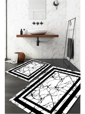 PremiumPort Mermer Desenli 2'li Şerit Detaylı Halı Takımı, Şık ve Zarif Tasarım