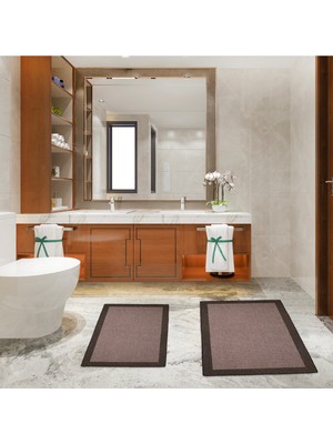 PremiumPort Doğal Jüt Hasır Görünümlü Çerçeveli Ikili Banyo Paspas Takımı