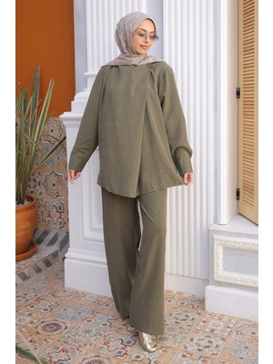 İmaj Butik Haki Yaka Detaylı Tunik Pantolonlu Modal Takım